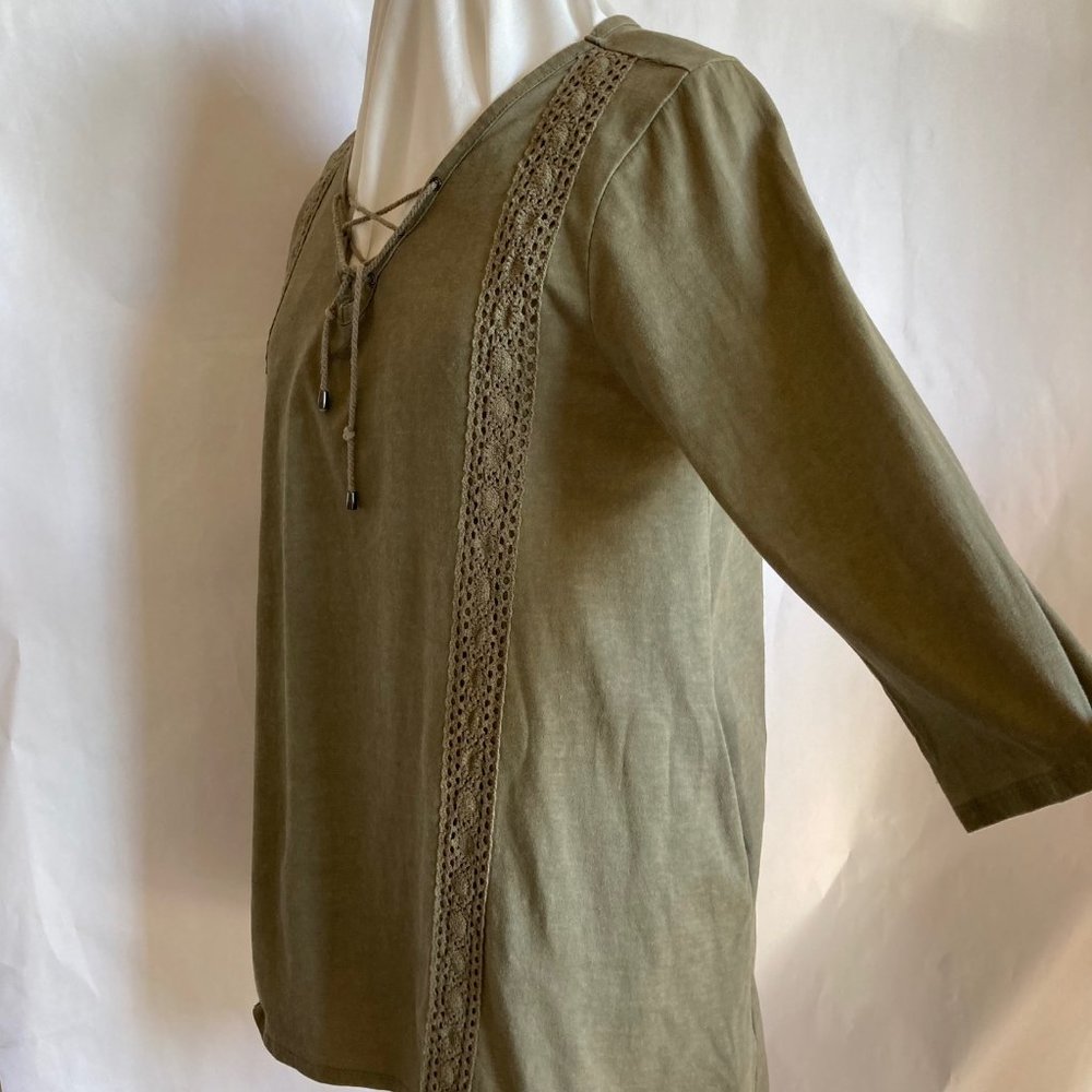 Simply Noelle Green Cotton 3/4 Slv Summer Tunic Sz L/XL Seam Pockets Lace Trim